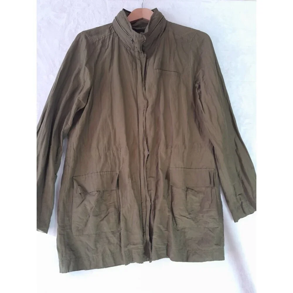 Eileen Fisher Rumpled Organic Cotton Blend Jacket Stowaway Hood Medium Olive